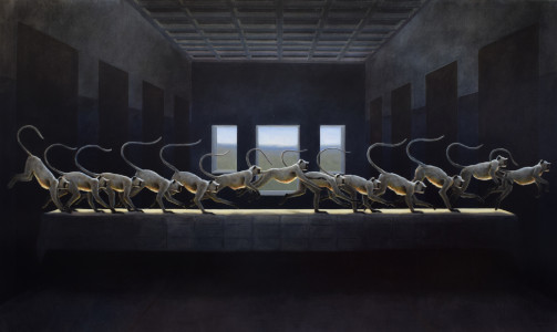 César Córdova. La última cena de Leonardo con monos brincando. 2017-2019. 120 x 200 cm. Óleo sobre tela.