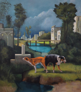 César Córdova. La Tempestad de Giorgione con perros apareándose 190 x 170 cm.